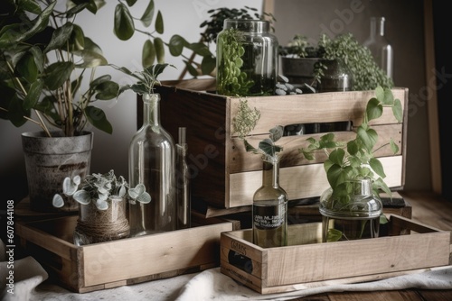 diy decor project with wooden crates, jars and greenery, created with generative ai