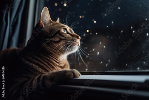 cat with its head out of window, enjoying the view of the stars and planets, created with generative ai
