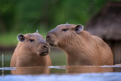 cute capybara couple snuggle up to each other with their noses on a blurry background. Wild animals. Environment. Family. 14th February. Saint Valentine's day. Protect animals