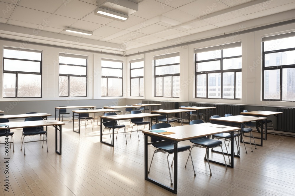 empty classroom with large windows, natural light streaming in, created with generative ai empty classroom with large windows, natural light streaming in, created with generative ai