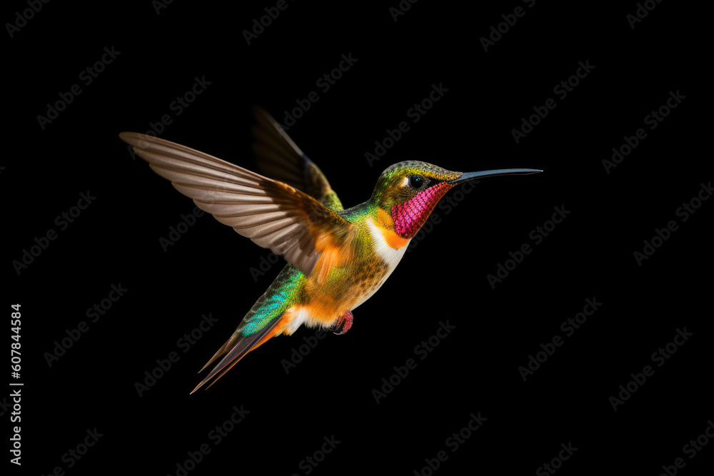 Flying hummingbird isolated on black background. Small colorful bird in flight. AI Flying hummingbird isolated on black background. Small colorful bird in flight. AI