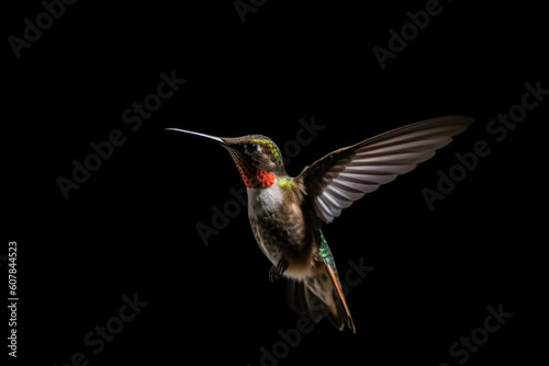 Flying hummingbird isolated on black background. Small colorful bird in flight. AI