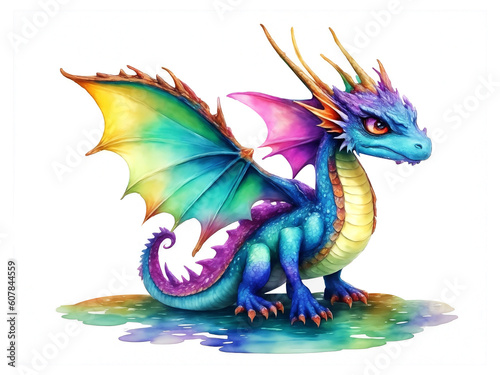 Magical colorful dragon full body water color  Generative AI Illustration.