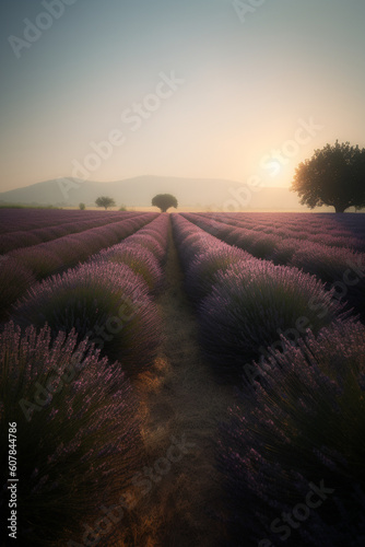 Lavender fields. Dreamy and misty landscape. Generative AI