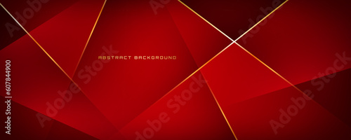 3D red luxury abstract background overlap layer on dark space with golden polygonal lines decoration. Modern graphic design element cutout style concept for banner, flyer, card, or brochure cover