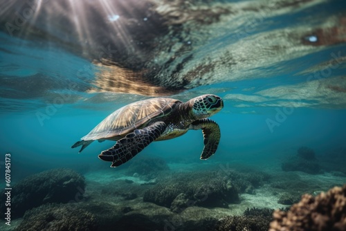 sea turtle swimming underwater, its flippers through the water, created with generative ai