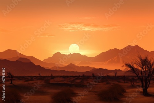 desert landscape with sunset skies and silhouettes of distant mountains, created with generative ai