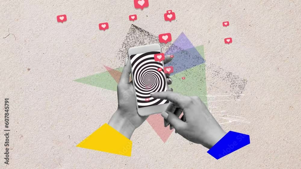 Human hands holding mobile phone with hypnotic screen. Many social media likes. Popularity and internet addiction. Contemporary art. Stop motion, animation. Concept of modern technologies, surrealism