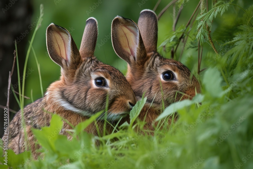 close-up of two rabbits snuggling, surrounded by lush green meadow, created with generative ai close-up of two rabbits snuggling, surrounded by lush green meadow, created with generative ai