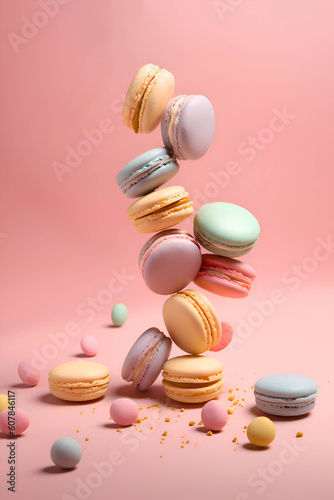 French macaroons falling on a pastel pink background  Generative AI 1