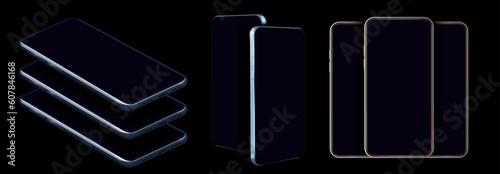 Realistic set of smartphone layouts. Devices mockups for presentation. Mobile phone form. A cell phone with different screens. Smartphone layout template in a realistic design. Vector illustration