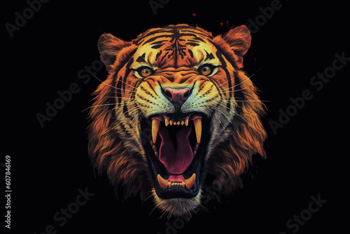The roar of a tiger with an open mouth with big and sharp teeth on a black background, in the style of vintage graphic design.Generative AI
