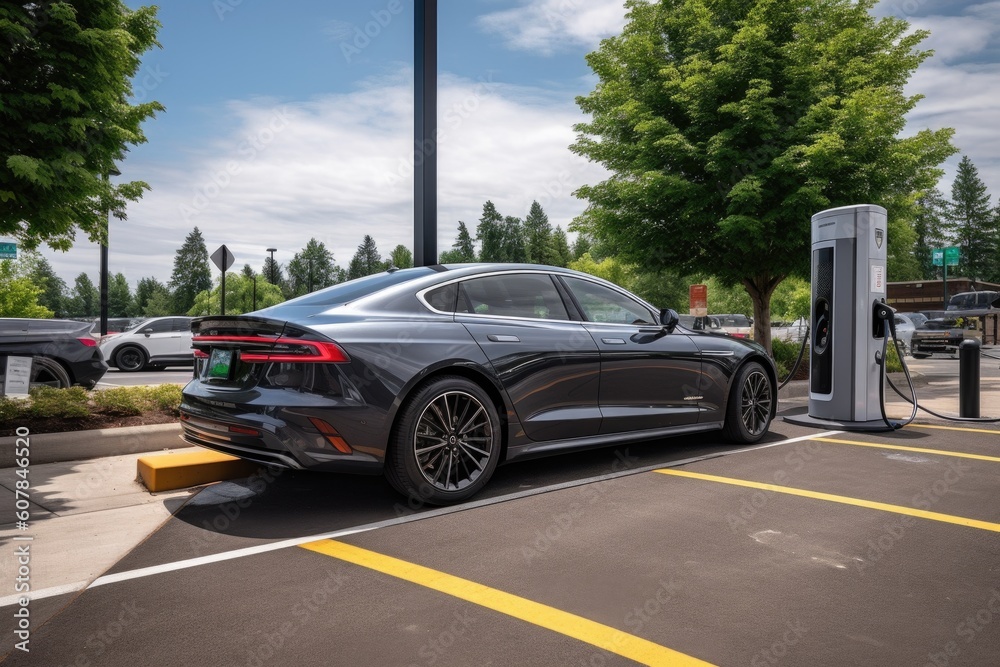 electric vehicle being charged at public charging station, created with generative ai electric vehicle being charged at public charging station, created with generative ai