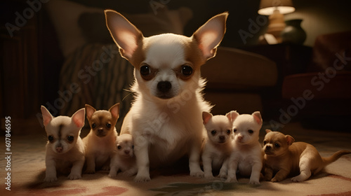 Chihuahua with a litter of newbon puppies. Generative AI