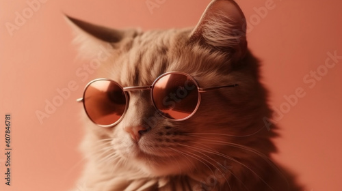 Fashion cat in sunglasses, peach color background. Generative AI