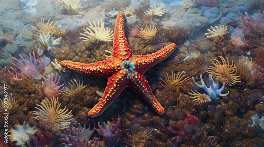Illustration of a vibrant underwater ecosystem with a starfish and colourful corals created with Generative AI technology Illustration of a vibrant underwater ecosystem with a starfish and colourful corals created with Generative AI technology