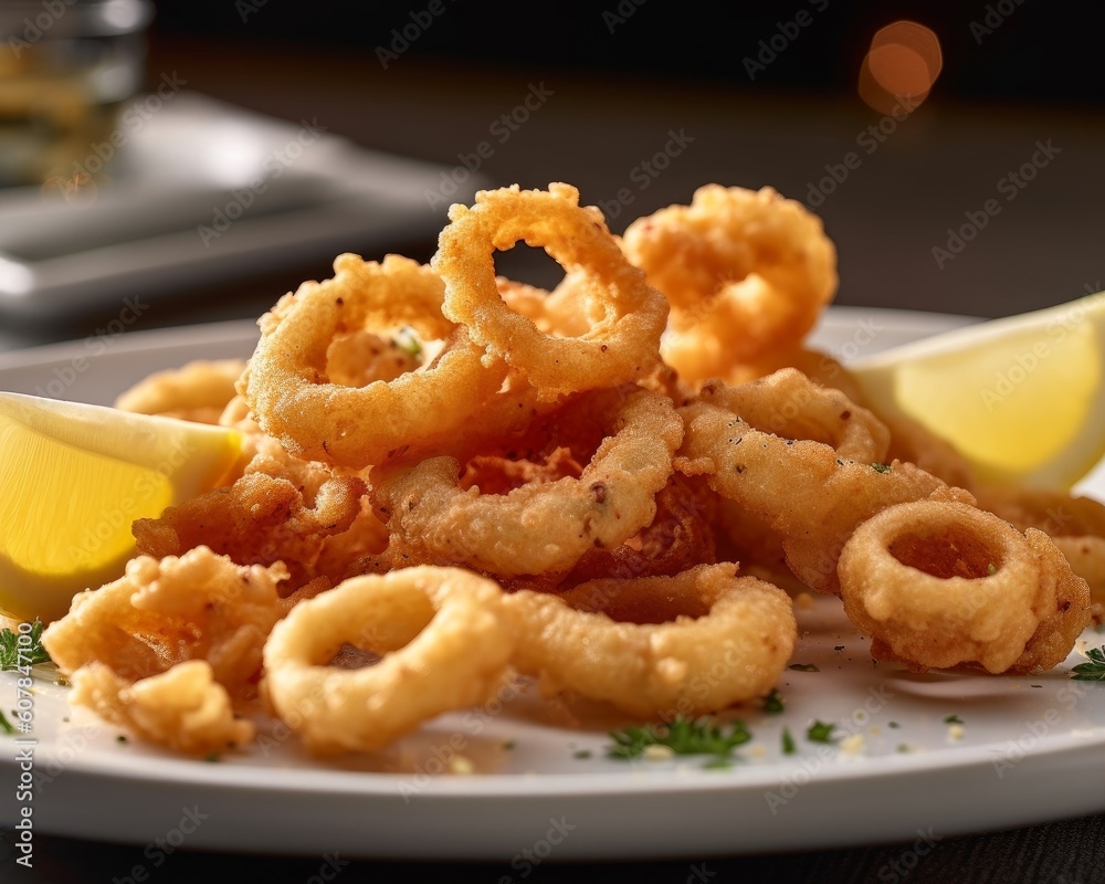 calamari dish with crispy golden rings and lemon wedges on a white plate calamari dish with crispy golden rings and lemon wedges on a white plate