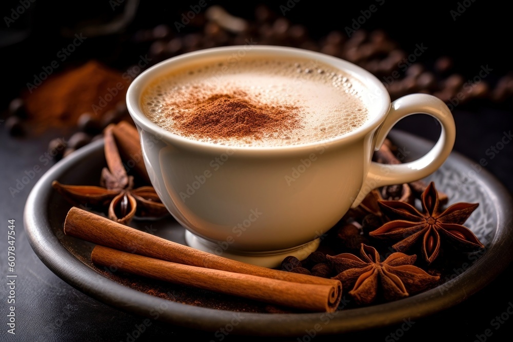 Fototapeta premium cardamom powder sprinkled on top of a freshly brewed cup of chai tea, with a cinnamon stick and star anise nearby