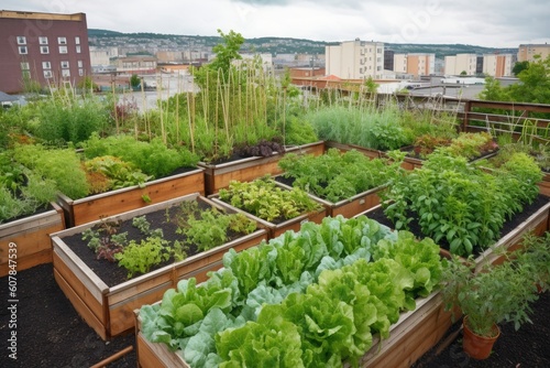 green rooftop garden, with vegetables and herbs growing in raised beds, created with generative ai