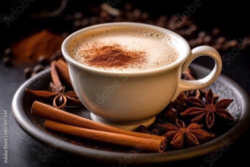 cardamom powder sprinkled on top of a freshly brewed cup of chai tea  with a cinnamon stick and star anise nearby