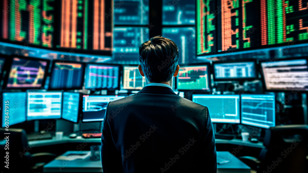 man in a crisp suit is reviewing stock market trends on multiple screens in a dim trading room, business concept, Generative AI man in a crisp suit is reviewing stock market trends on multiple screens in a dim trading room, business concept, Generative AI