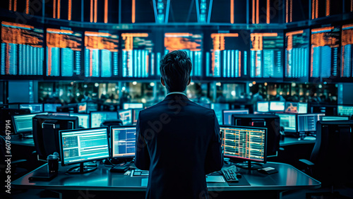 man in a crisp suit is reviewing stock market trends on multiple screens in a dim trading room, business concept, Generative AI