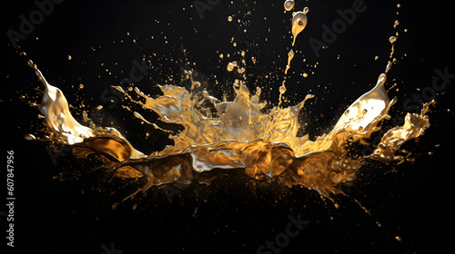  Abstract gold splash on the ground black background 3d. Ai generated
