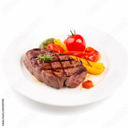 Grilled beef meat entrecote on white plates with peppers and tomato isolated on white background