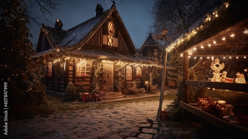 A wooden chalet in the snow with lights and christmas decorations, Generative AI