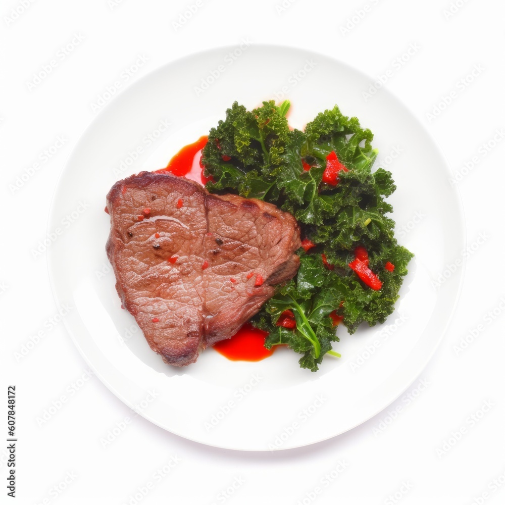 Grilled beef steak meat with red hot pepper and fresh raw kale leaf served on white plate, Generative ai Grilled beef steak meat with red hot pepper and fresh raw kale leaf served on white plate, Generative ai