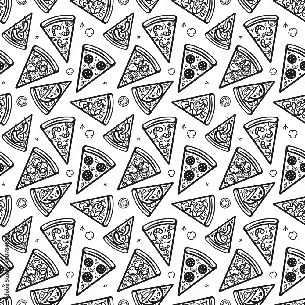 Fototapeta premium Cute photo with doodle drawings of pizza slices. Sweet vector black and white pizza background. Seamless monochrome pizza background with doodles for fabric, wallpaper, wrapping paper and postcards.