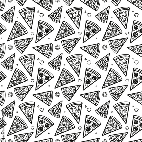 Cute photo with doodle drawings of pizza slices. Sweet vector black and white pizza background. Seamless monochrome pizza background with doodles for fabric, wallpaper, wrapping paper and postcards.