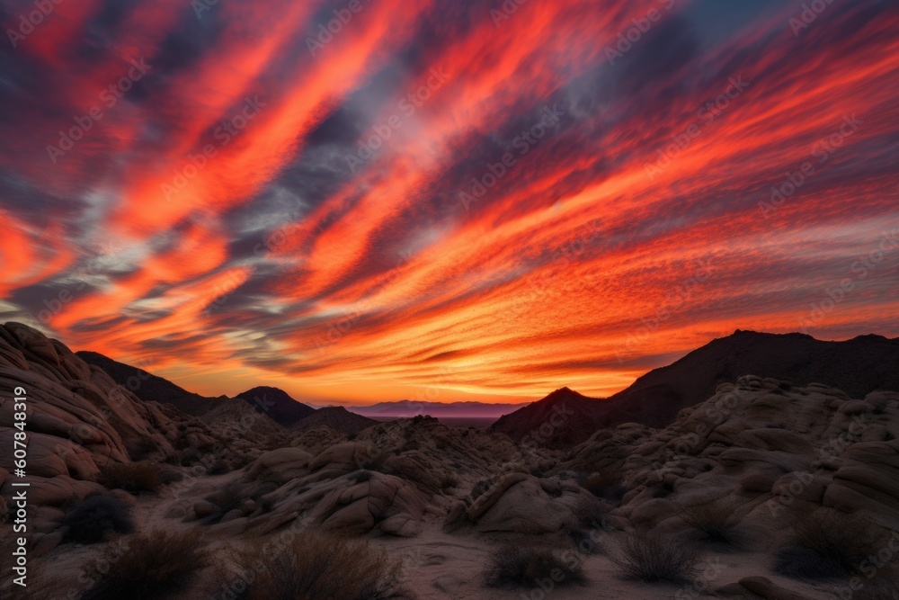 desert with colorful sunset, featuring streaks of red and orange in the sky, created with generative ai
