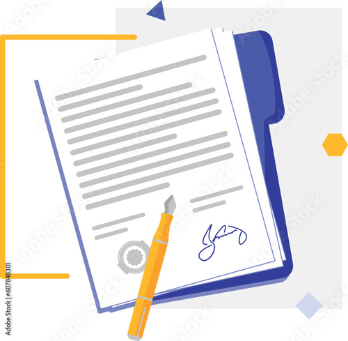 vector image of a signed contract in a purple folder with a yellow handle
