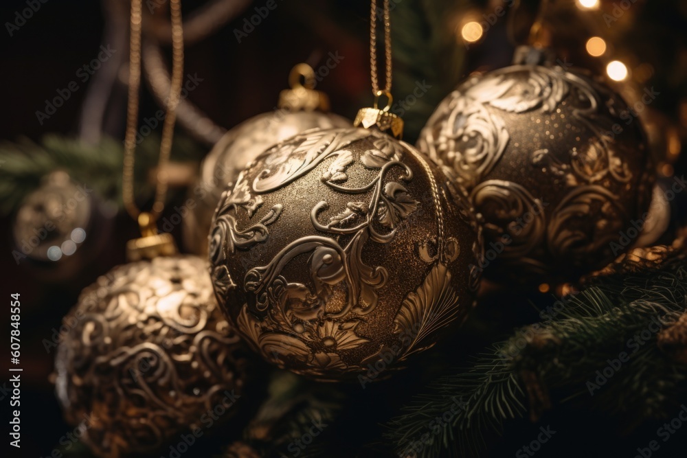 Gold christmas ornaments hanging from a tree, Generative AI Gold christmas ornaments hanging from a tree, Generative AI