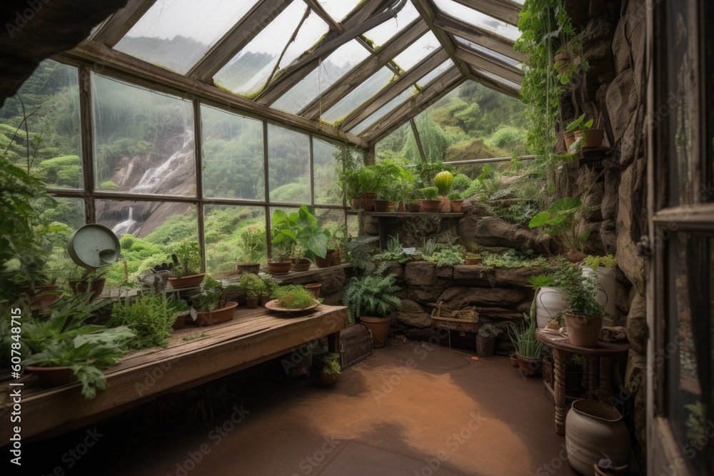greenhouse with view of lush garden and a waterfall, created with generative ai greenhouse with view of lush garden and a waterfall, created with generative ai