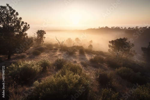 forested desert with misty sunrise in the background, created with generative ai