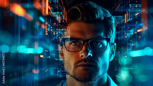 businessman in a futuristic smart-glasses, exploring a virtual data interface, business concept, Generative AI