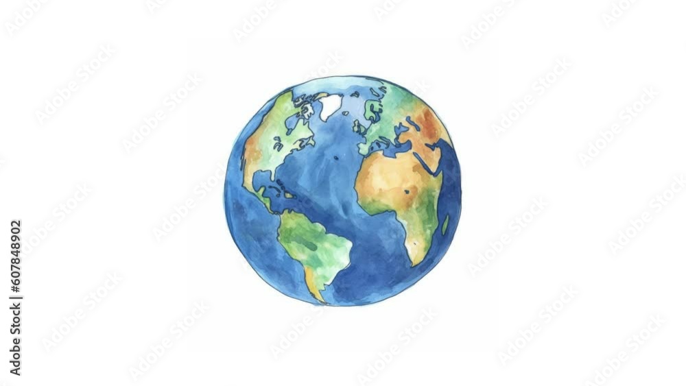 Earth Globe Watercolor or Crayon Drawing Stopmotion. Cartoon animation. Kids Hand Drawn Doodle Animation of Earth. Earth day concept. Travel concept. Copy space. Seamless loop.