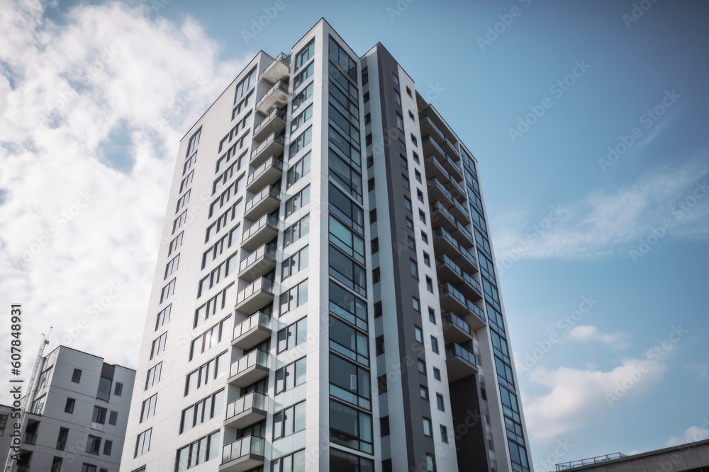 high-rise apartment building with modern exterior and clean lines, reflecting the energy of the city, created with generative ai