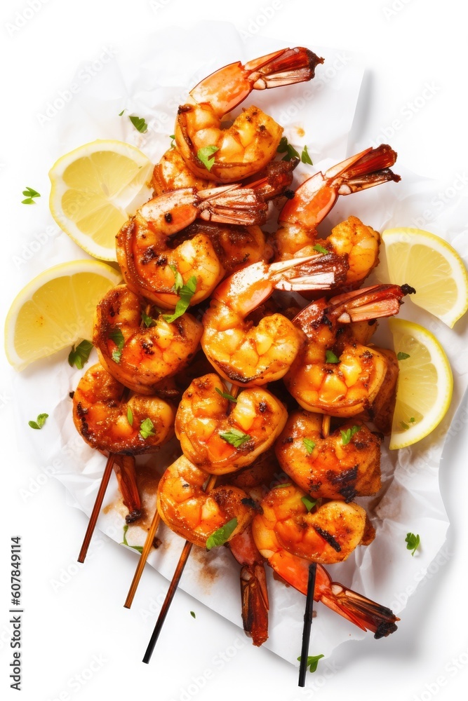 Delicious Grilled Shrimp Skewers on a White Background (Generative AI)