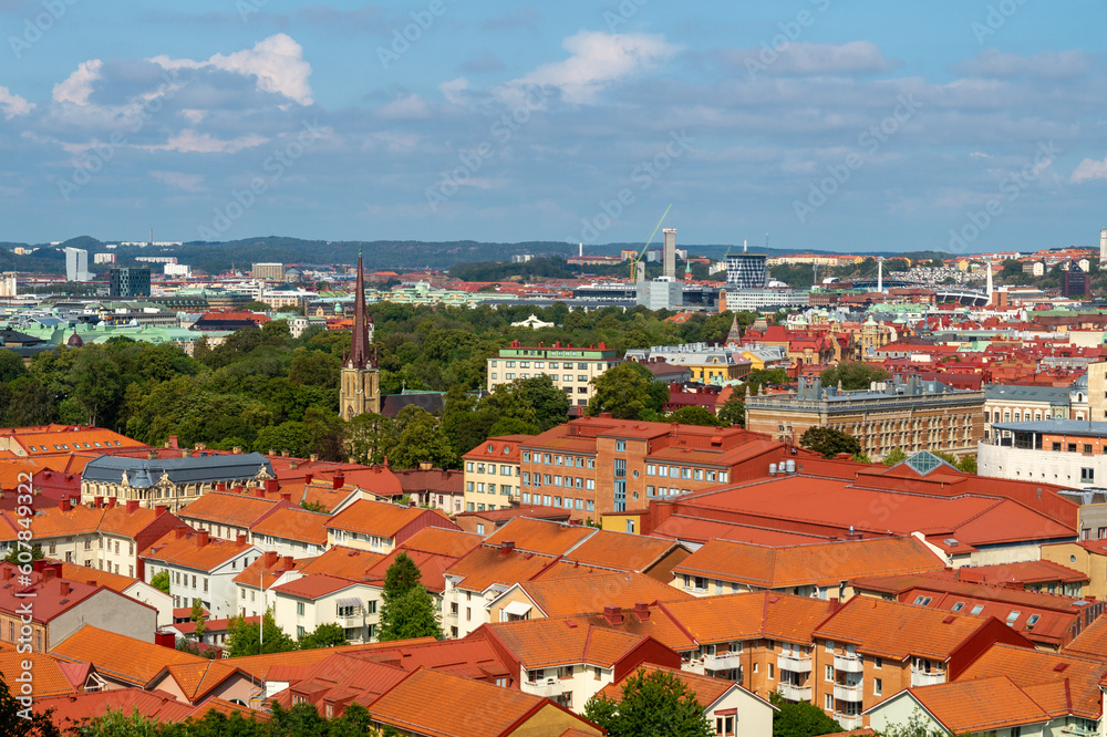 Aerial view of the Haga church (Hagakyrkan) in Gothenburg, Sweden surrounded by red rooftops and green trees.