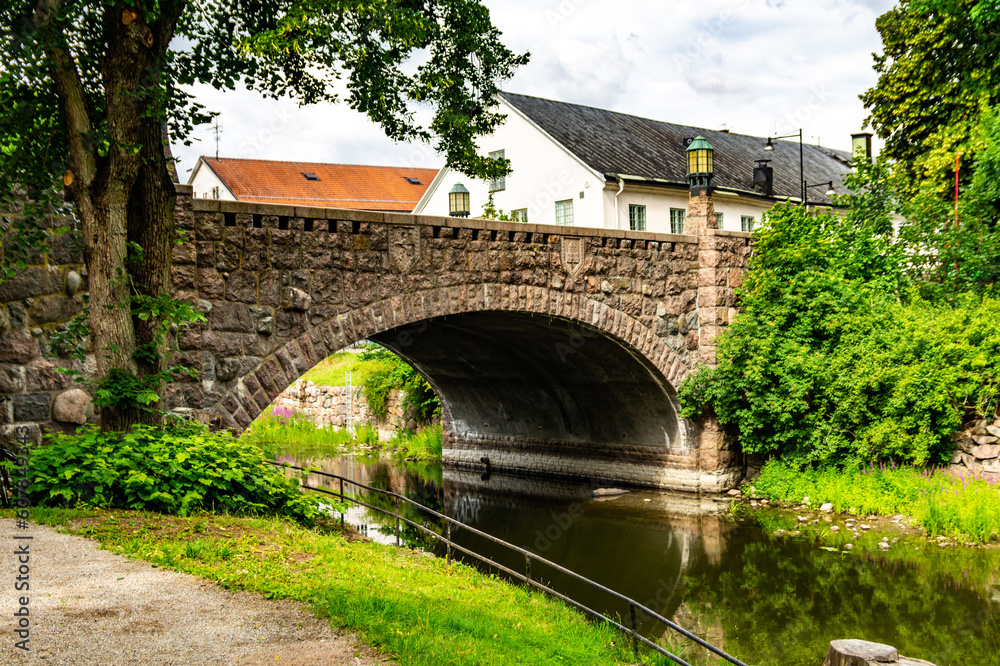 Old medieval stone bridge in Nyköping, Sweden.