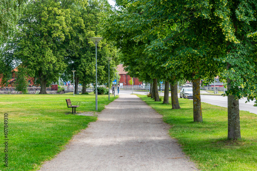 Gravel pathway through a park with a bench and some trees on the sides.