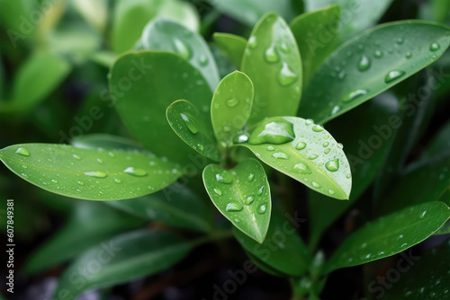 green plant with dewdrop or rain drop on leaves on background