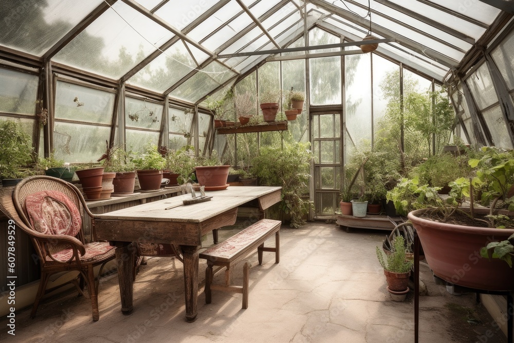 greenhouse with table and chairs for enjoying the fresh air, sun, and beauty of nature, created with generative ai