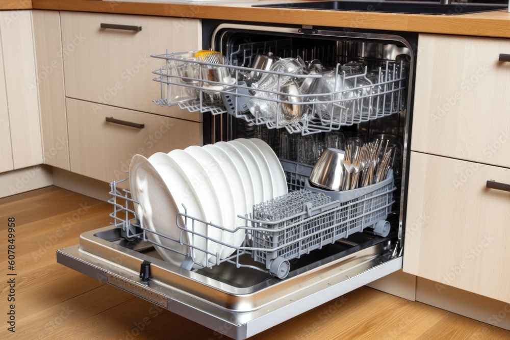 energy-efficient dishwasher, with dishes being washed and dried by both the machine and the energy it uses, created with generative ai energy-efficient dishwasher, with dishes being washed and dried by both the machine and the energy it uses, created with generative ai