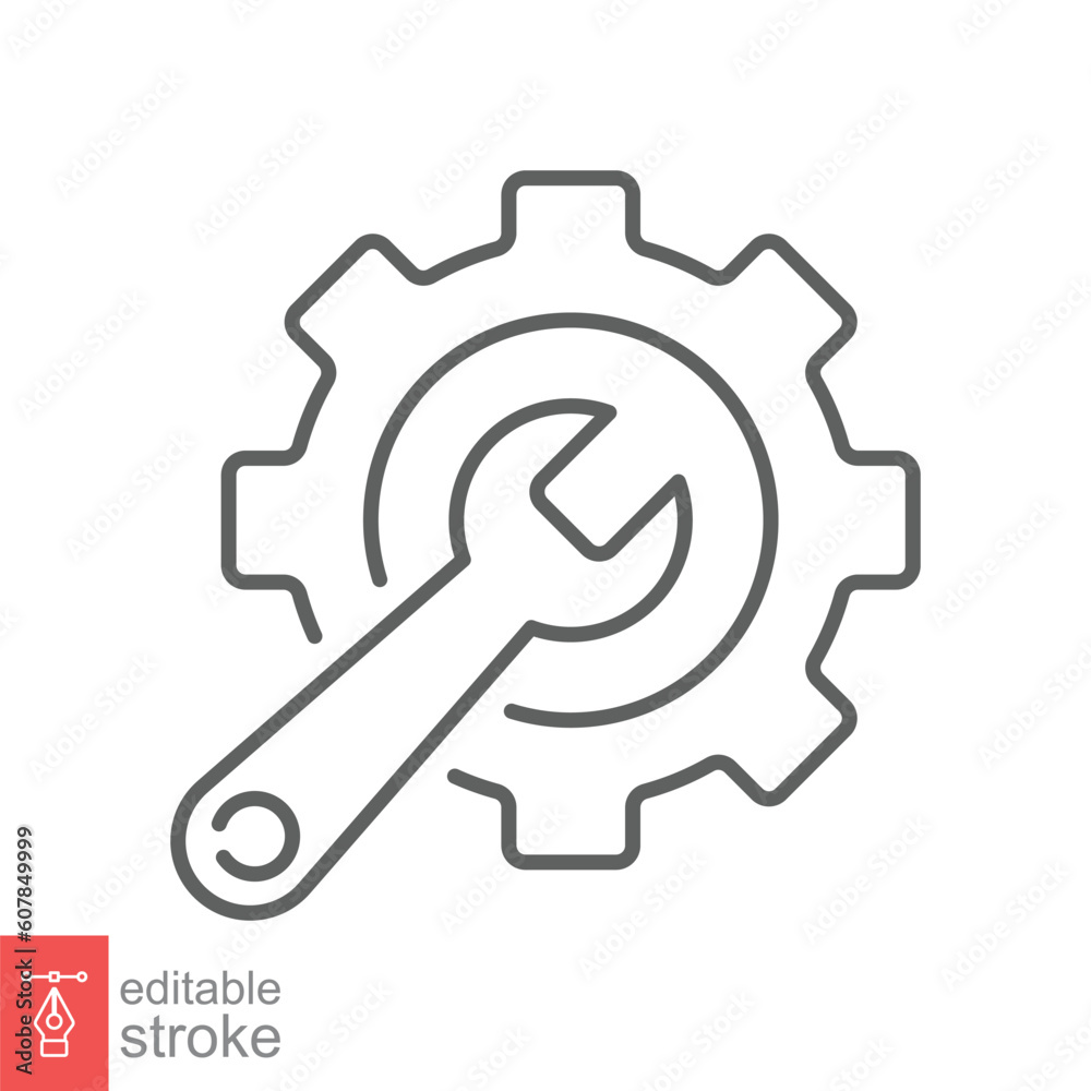 Service tools icon. Simple outline style. Gear and spanner, adjust, build, toolkit, workshop, fix concept. Thin line symbol. Vector illustration isolated on white background. Editable stroke EPS 10. Service tools icon. Simple outline style. Gear and spanner, adjust, build, toolkit, workshop, fix concept. Thin line symbol. Vector illustration isolated on white background. Editable stroke EPS 10.