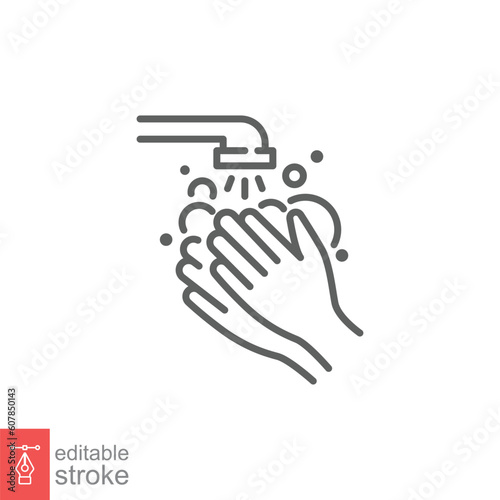 Wash your hands with soap icon. Simple outline style. Faucet, clean dirty finger, prevention concept. Thin line symbol. Vector illustration isolated on white background. Editable stroke EPS 10.