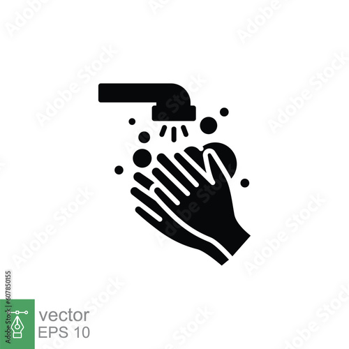 Wash your hands with soap icon. Simple solid style. Faucet, clean dirty finger, bathroom, prevention concept. Black silhouette, glyph symbol. Vector illustration isolated on white background. EPS 10.